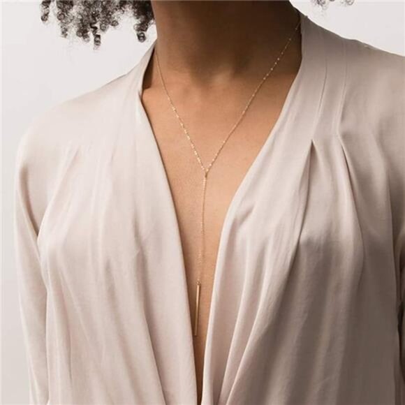 GoldTiny YShaped Dainty Necklace 18K GoldPlated Cute Bar Vertical LariatNecklace - Picture 3 of 7